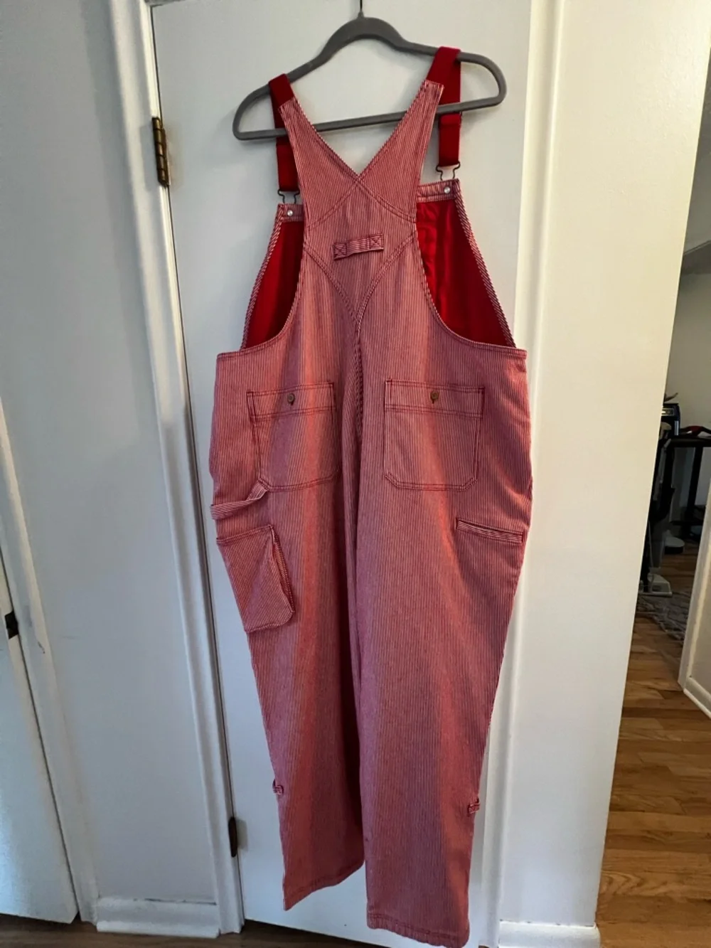 Duluth Trading Co Pink Cotton Overalls with Red Straps - Picture 3 of 6